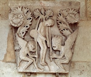 Hanging of Judas (carved capital) by Romanesque
