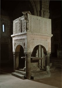 Romanesque Art: Pulpit of the Church Decorated with Marble and Reliefs, Church of St Maria Maggiore (Tuscania, Italy)