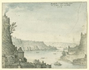 View of a City by a River by Rombout van den Houte