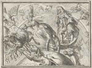 Caricature depicting Louis XIV as Apollo in his chariot, 1701