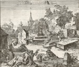 Mourning in the Portuguese-Jewish cemetery of Beth Haim of Ouderkerk on the Amstel in the Netherlands - Engraving by Romeyn de Hooghe