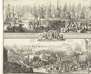 Journey of William III to England, 1688 (Departure of His Royal Highness to England, 11 Nov. 1688 / Arrival of His Royal Highness Prince of Orange in England, 15 and 16 Nov. 1688) (title on object) by Romeyn de Hooghe