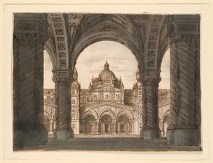 Stage Design, Church Facade from a Loggia, I due Valdomiri by Felice Romani, music by Pietro de Winter. Performed at La Scala, Milan, 1818 by Romolo Achille Liverani