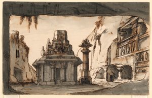 Stage Design, Oriental Buildings Amidst Caves and Rocks