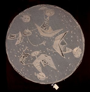 Burano stitch (Punto Burano) needle lace centerpiece entitled Japanese Fishing by Romualdo (after) Scarpa