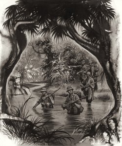 ANZAC troops crossing a jungle river during a World War II patrol by Ron Embleton
