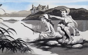 Boy and girl on lake by Ron Embleton