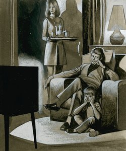 Family Watching Black and White Television in the 1960s by Ron Embleton