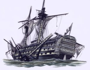 HMS Victory after the Battle Of Trafalgar, with mizzen topmast shot away by Ron Embleton