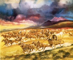 Settlers on a land race into Indian territory by Ron Embleton