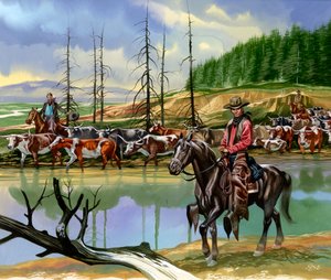 Texan Cowboys Driving Cattle North by Ron Embleton
