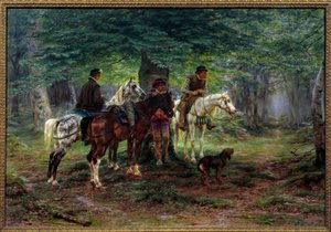 Horsemen surprised by a rain (17th century). In a forest, men on horseback shelter under a tree waiting for the rain to stop falling by Rosa Bonheur