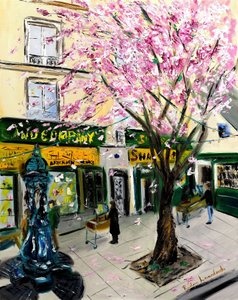 Cherry Blossoms at Shakespeare and Co Paris - with gold embellishment, 2023 by Ruslana Levandovska