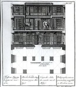 A Section view of the Hall of Rarities towards the South, illustration in Chambers of the St. Petersburg Imperial Academy of Sciences Library and Gallery showing Plans, Facades and Profiles by Johann by Russian School