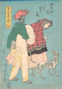 A Young French Lady and a Siamese Servant Taking a Dog for a Walk by Sadahide Utagawa