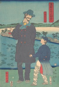 Dutchman and Child Viewing the Benten Shrine at Shinobazu Pond by Sadahide Utagawa