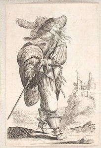 Walking man, three-quarter profile to the right, reaching for the sword at his hip. In the background a castle by Salomon Savery