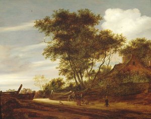 Wooded Landscape with Children Playing on the Road by a Cottage