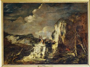 A Rocky Landscape with a Hunter and Warriors by Salvator Rosa