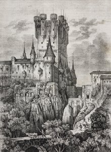 Alcazar of Segovia, Spain (lithograph by Salvatore Puglia from Poliorama Pittoresco, n 36, April 12) by Salvatore Puglia