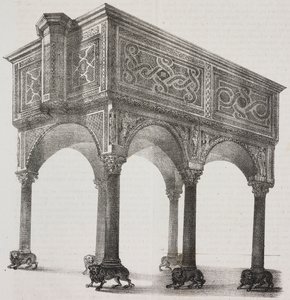 Ancient ambo in Sessa Aurunca cathedral, Campania, Italy, lithograph by Salvatore Puglia after drawing by Pasquale Mattei from Poliorama Pittoresco