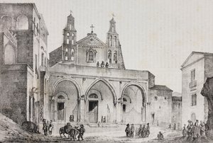 Facade of Cathedral of Sessa Aurunca, Campania, Italy. Lithograph by Salvatore Puglia after drawing by Pasquale Mattei from Poliorama Pittoresco by Salvatore Puglia
