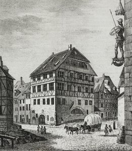 House of Albrecht Durer in Nuremberg, Germany, lithograph by Salvatore Puglia from Poliorama Pittoresco, n 31, March 12 by Salvatore Puglia