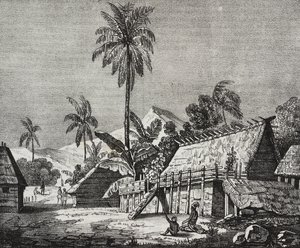 House of Queen of Noukahiva Island (today Nuku Hiva), Marquesas Islands, French Polynesia, from Poliorama Pittoresco, No. 37, April 22