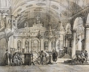 Interior of Greek church of Baloukli, near Constantinople, Turkey, lithograph by Salvatore Puglia from Poliorama Pittoresco, n 28, February 15