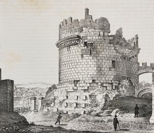 Mausoleum of Cecilia Metella on Via Appia, Rome, Lazio, Italy, lithograph by Salvatore Puglia from Poliorama Pittoresco, n 20, December 21 by Salvatore Puglia
