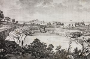 The amphitheater of Syracuse, Sicily, Italy. Lithograph by Salvatore Puglia from Poliorama Pittoresco by Salvatore Puglia