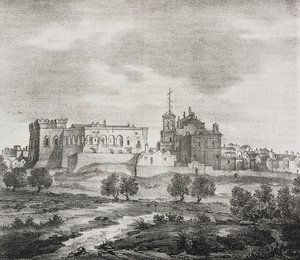 West view of Mesagne, Apulia, Italy. Lithograph by Salvatore Puglia from Poliorama Pittoresco by Salvatore Puglia