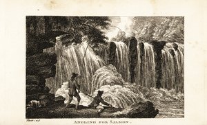 Fisherman fishing for salmon on the banks of a river near a waterfall by Samuel (after) Howitt