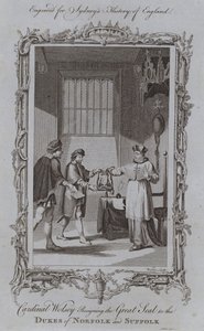 Cardinal Wolsey Resigning the Great Seal to the Dukes of Norfolk and Suffolk by Samuel (after) Wale