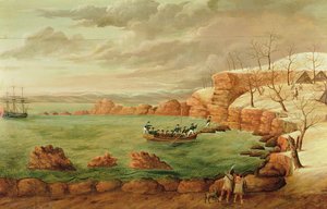 Fireboard Depicting The Landing of the Pilgrims by Samuel Bartoll