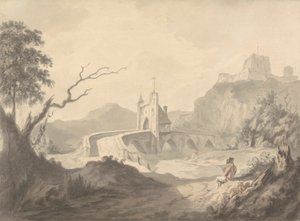 River Scene and Bridge with Artist Sketching in Foreground