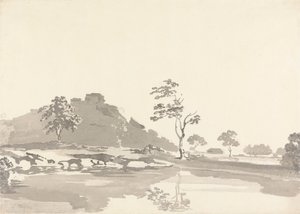 River Scene with a Fort on a hill in the middle distance