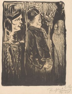Fantasy: Two Figures with Hats on the Left, Scratched Appearance with Feathered Cloak on the Right