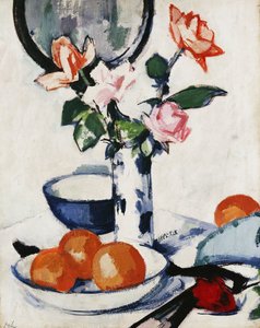 Pink and Tangerine Roses in a Blue and White Beaker Vase with Oranges in a Bowl and a Black Fan