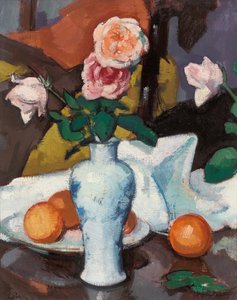 Roses in a Vase with Oranges and a White Tablecloth by Samuel John Peploe