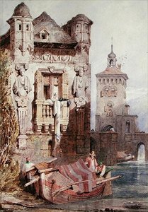 Figures in a boat with buildings