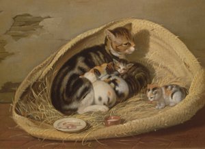 Cat with Her Kittens in a Basket