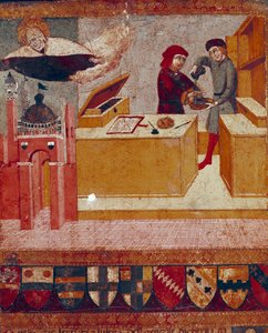 The camerlinguist symbolically washes his hands while the benevolent and protective Virgin flies over the city of Siena (detail)