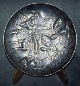 Dish depicting King Ardashir II (r.379-86), from Sari, Mazandaran, c. AD 380