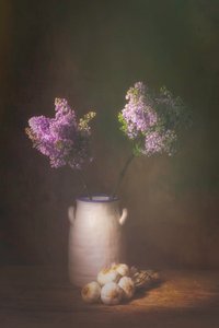 Lilacs and Garlic Still Life by Saskia Dingemans