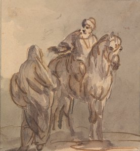 Two People: One Standing, One Seated on a Horse