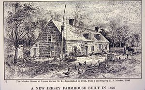 New Jersey farmhouse built in 1676, after an 1886 drawing by E. J. Meeker by School American