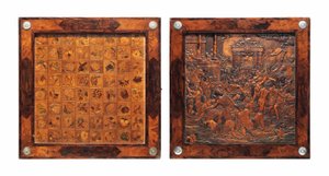 A Bohemian Silver-Mounted Relief-Carved Fruitwood Marquetry and Walnut Folding Games Box by school Bohemian