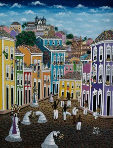 Naive art painting depicting street scene, Bahia State, Brazil