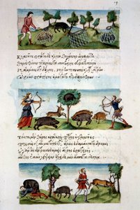 Art Byzantium: wild boar hunting. Different hunting techniques. Top: capture of beets in nets. In the center game hunting for a bow. Bottom: hunters attack by animals. Miniature in De venatione folio 19, by Oppian of Syria by School Byzantine